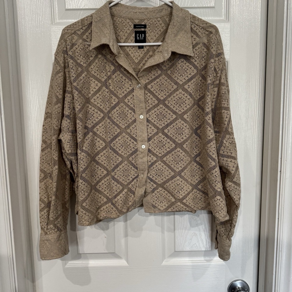 Gap Cropped Crochet Shirt Long Sleeve‎ Brown XXL 2x Sheer Fall